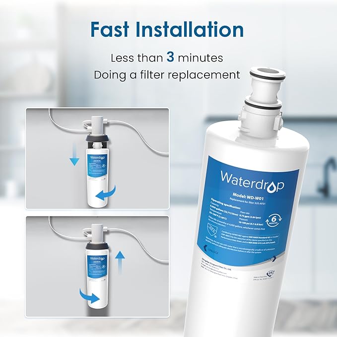 Waterdrop 3US-AF01 Under Sink Water Filter, Replacement for Standard Filtrete® 3US-AF01, 3US-AS01, Aqua-Pure AP Easy C-CS-FF, WHCF-SRC, WHCF-SUFC, WHCF-SUF, NSF/ANSI 42 Certified, Pack of 3