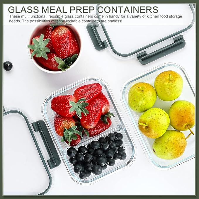 10 Packs 30 oz Glass Meal Prep Containers,Glass Food Storage Containers with Lids,Airtight Lunch Bento Boxes,Microwave,Freezer and Dishwasher,Gray-FlexoryFit