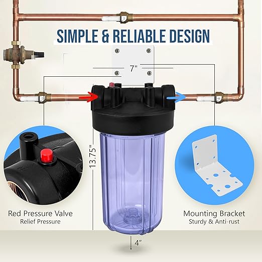 High Capacity 10 x 4.5” Transparent Whole House Water Filter Purifier System with Presser Relief Button, 1” Inlet/Outlet Brass Port & Yearly Supply (3) Coconut Shell Activated Block Carbon Cartridges