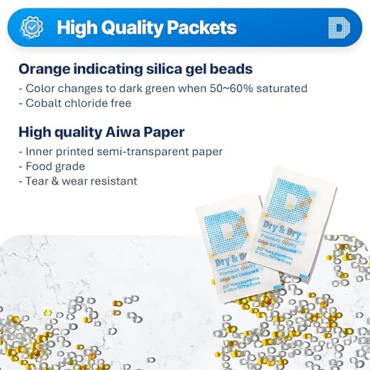 Dry & Dry Premium Orange Indicating Silica Gel Packets Desiccants - Food Safe Silica Gel Packets - Orange - 60 Packets (2 Gram)