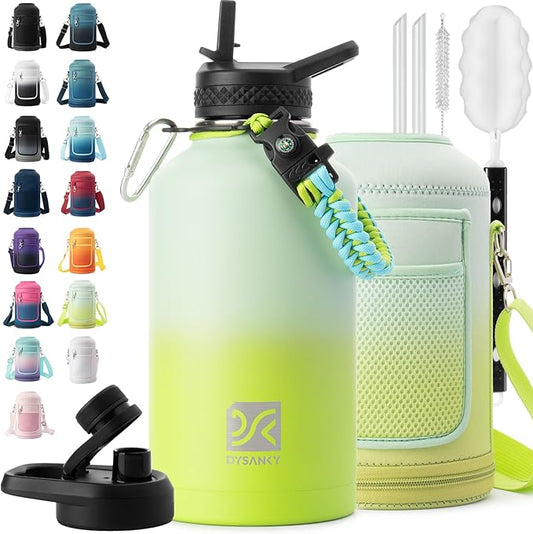 Insulated Water Bottle | Thickened Stainless Steel Vacuum Metal | Portable Sports Half Gallon Large Water Jug for Gym and Hiking with Straw, Carrier Bag, Handle Strap | BPA-Free 64 oz-FlexoryFit