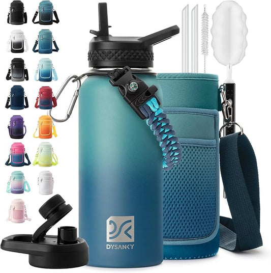 Insulated Water Bottle | Thickened Stainless Steel Vacuum Metal | Portable Sports Water Jug for Gym and Hiking with Straw, Carrier Bag, Handle Strap | BPA-Free 32 oz-FlexoryFit