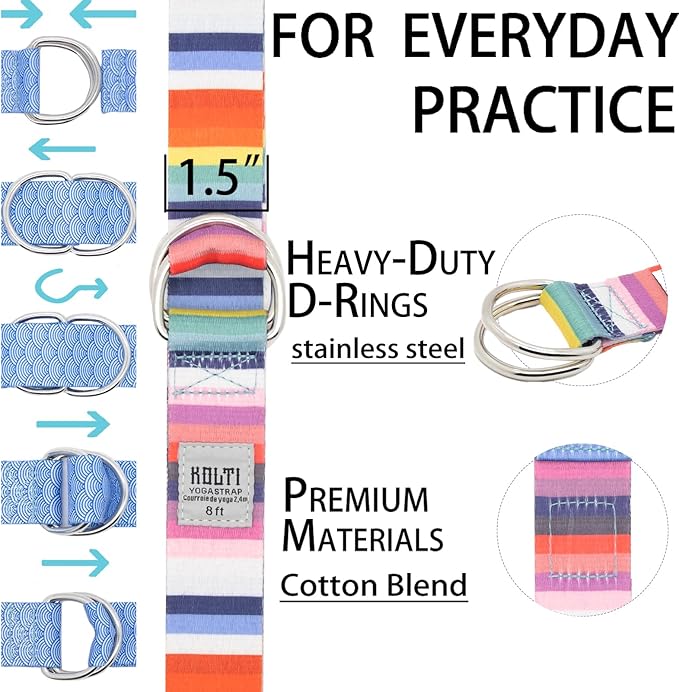 Yoga Exercise Adjustable Straps 8FT with Durable D-Ring for Pilates & Gym Workouts | Hold Poses, Stretch, Improve Flexibility & Maintain Balance-FlexoryFit