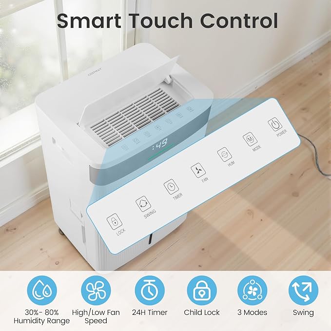 COSTWAY 4500 Sq.Ft Dehumidifier for Basement, Home Dehumidifier with Convenient Handle, 1.4 Gallon Tank, Auto Defrost, 24H Timer, 3-Color Indicator, Drain Hose & Wheels for Bathroom, Bedroom (74 pint)