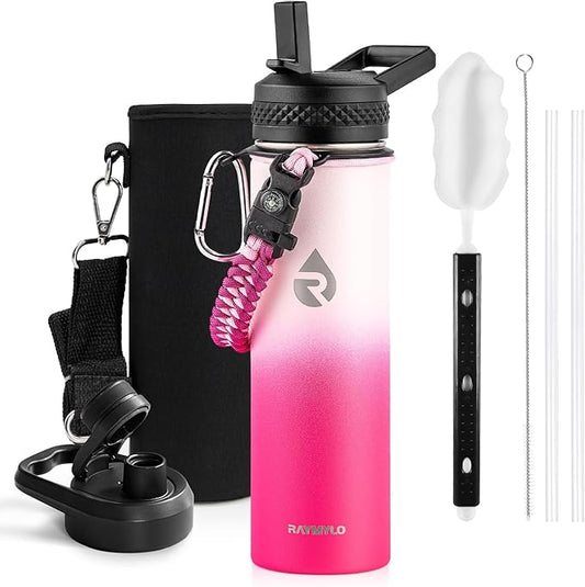 Insulated Water Bottle 20 oz, Triple Wall Vacuum Stainless Steel (Cold for 48 Hrs), Leak Proof & Non-BPA, Kids Water Bottle Jug for School with Straw Spout Lids, Ombre Pink-FlexoryFit