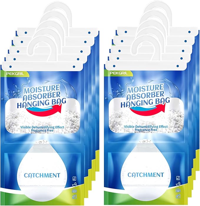 PEKGRIL Moisture Absorber Bags 10 Packs, 15 oz Hanging Dehumidifier Bags, Humidity Packs for Closet, Bathroom, Kitchen, 420g/Pack