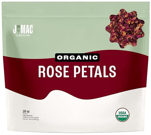 J MAC BOTANICALS Organic Rose Petals, (16 oz - Bulk 1 Pound) Certified USDA Organic, edible, culinary grade dry rose petals, rose petals for herbal tea, cooking and crafts-FlexoryFit