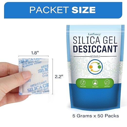 LotFancy 5 Gram (50 Pack) Silica Gel Packets, Color Indicating Desiccant - Rechargeable Moisture Absorbers for Food Storage, Electronics, 3D Filament & Safes