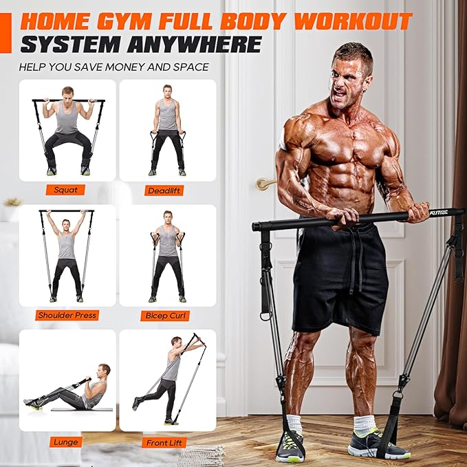 Pilates Bar Kit with Resistance Bands, Heavy Duty Pilates Equipment for Men, Strength Training Bar for Legs, Hip, Back, Arm, Abs, Chest, Shoulders, Portable Home Gym Full Body Workout Equipment-FlexoryFit