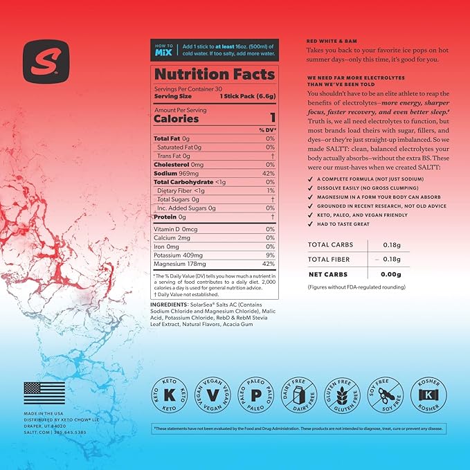 Keto Chow SALTT Electrolytes Powder Packets, Red White & Bam (30 Hydration Packets) - Magnesium, Potassium, Sodium, Trace Minerals - Vegan, Sugar Free, Gluten Free - Travel Essentials - Made in USA-FlexoryFit