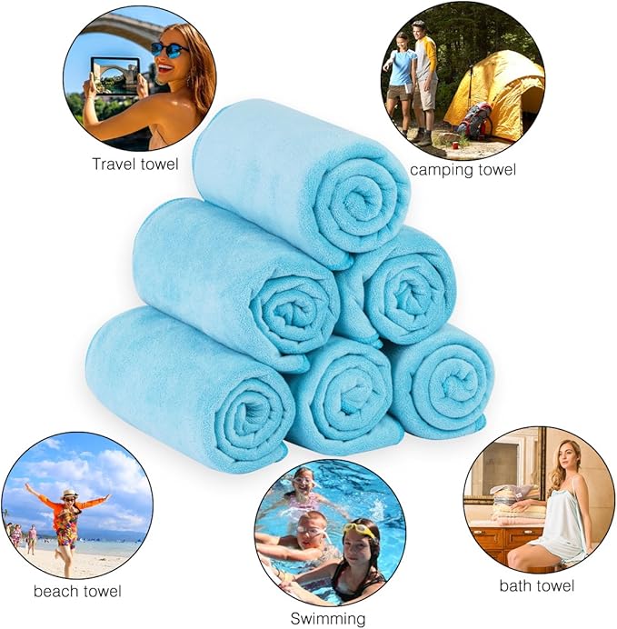 JML Microfiber Bath Towels, Bath Towel Set (6 Pack, 27" x 55") - Extra Absorbent and Fast Drying,Multipurpose Microfiber Towel for Bath, Beach, Pool, Sports, Yoga - Sky Blue-FlexoryFit