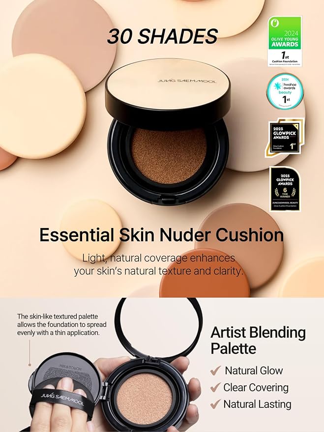 JUNG SAEM MOOL Essential Skin Nuder Cushion 25N Bronze 0.49 Fl Oz, No Refill, Natural Radiant Finish Cushion Foundation with Buildable Coverage, Lightweight Texture, Korean Foundation Makeup-FlexoryFit