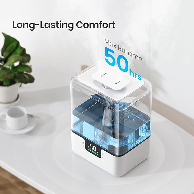 Smart Humidifiers for Bedroom Large Room Home, 6L Cool Mist Top Fill Humidifier with Essential Oil Diffuser, 50H Runtime, 7 Color NightLight, Smart App & Voice Control, White, 1 Pack