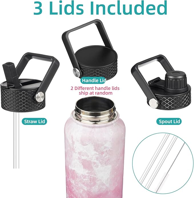 18 oz Insulated Water Bottle Stainless Steel Sport Bottles with 3 Lids,Marble Blossom-FlexoryFit