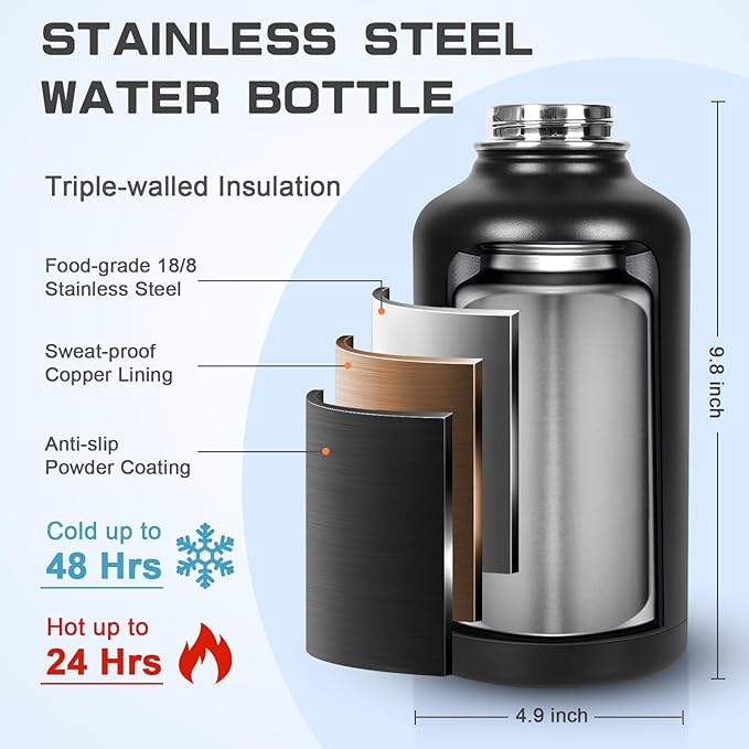 Insulated Water Bottle 64 oz, Half Gallon Water Jug Cold 48H, BPA Free Stainless Steel Bottles with Straw/Chug 2-in-1 Lid, Bag, Paracord Handle, Silicone Boot, Sports Gym School Metal Flask-FlexoryFit
