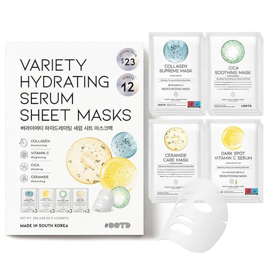 #OOTD Face Mask Korean Skincare for Dry Sensitive Skin | Hydrating, Revitalizing, Calming, Collagen, Ceramide, Cica, Vitamin C Serum Sheet Masks (12EA)-FlexoryFit