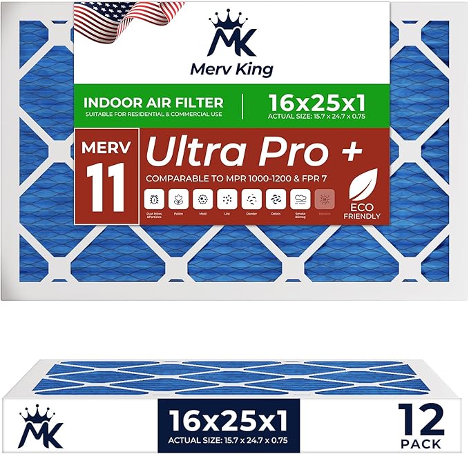 MervKing 16x25x1 Air Filter Actual Size: 15.7" x 24.7" x 0.75" MERV 11 MPR 1000-1200 | MADE IN USA | 12-Pack | Pleated HVAC AC Furnace Replacement