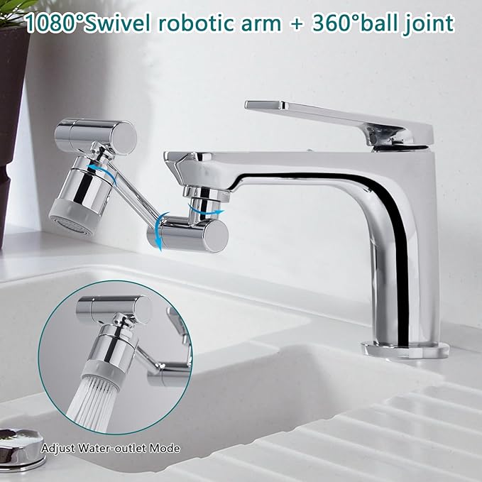TIDYENDURE 1080°Swivel Faucet Extender, Sink Water Faucet Aerator Extension, 2-Flow Sprayer Faucet Head, Faucets Bubbler for Kitchen and Bathroom Sink Faucet, Tap Adjustment for Face Washing, Silver