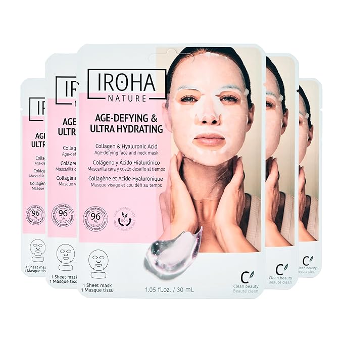 IROHA NATURE Face Masks - Packs for Better Skin (Pack of 5, Anti-Aging Face & Neck Tissue Mask with Collagen (96% Natural Ingredients))-FlexoryFit