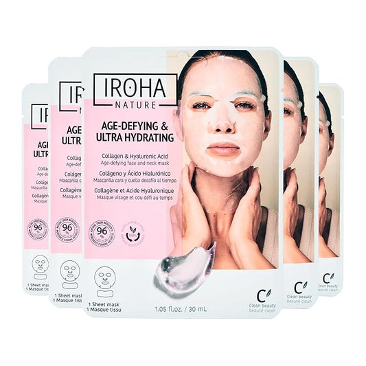 IROHA NATURE Face Masks - Packs for Better Skin (Pack of 5, Anti-Aging Face & Neck Tissue Mask with Collagen (96% Natural Ingredients))-FlexoryFit