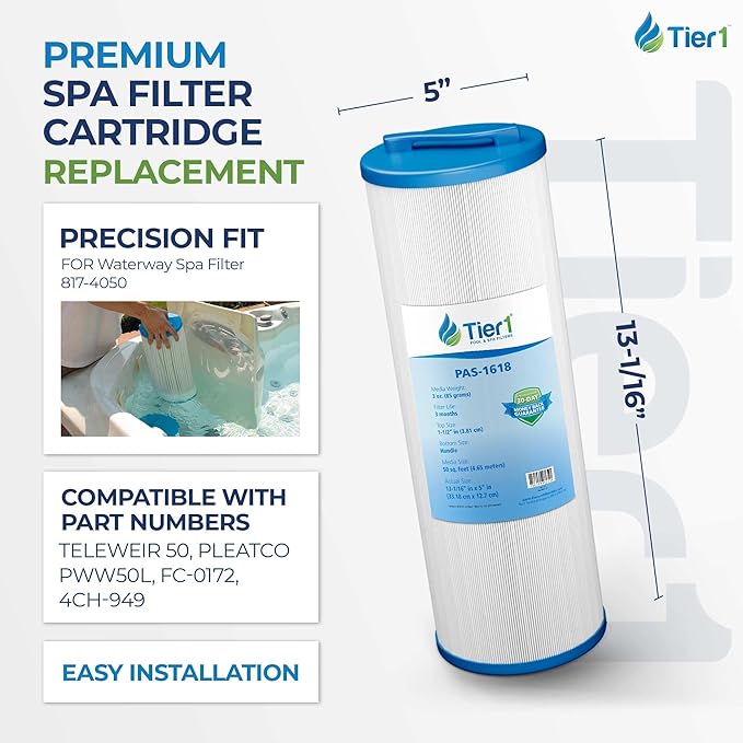 Tier1 Replacement for Waterway Spa Filter 817-4050 | Compatible with Teleweir 50, Pleatco PWW50L, FC-0172, 4CH-949 | 13-1/16" x 5" | Trilobal Fabric | High Flow | Washable Spa Filter Cartridge