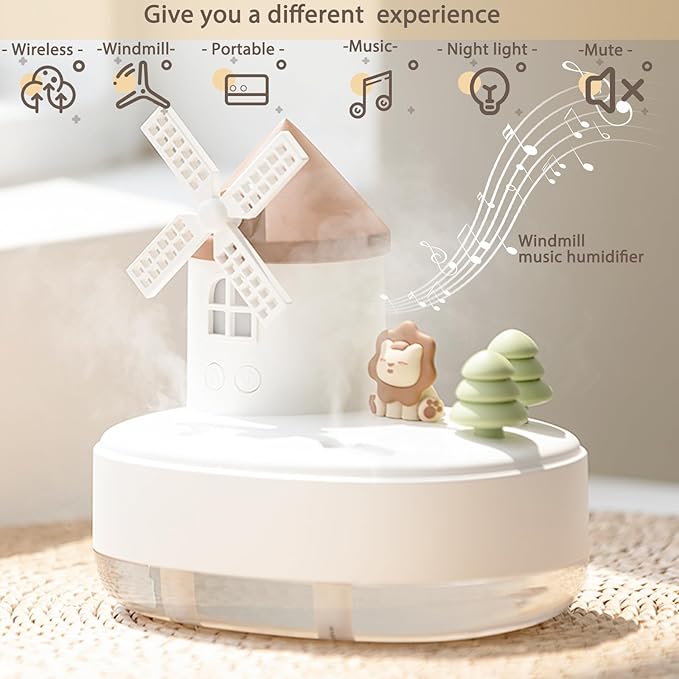 Humidifier for Bedroom,Portable Humidifier,Baby humidifier with rotating windmill and music box,double spray nozzles,two spray modes and Ambient Light,suitable for children,bedroom and office