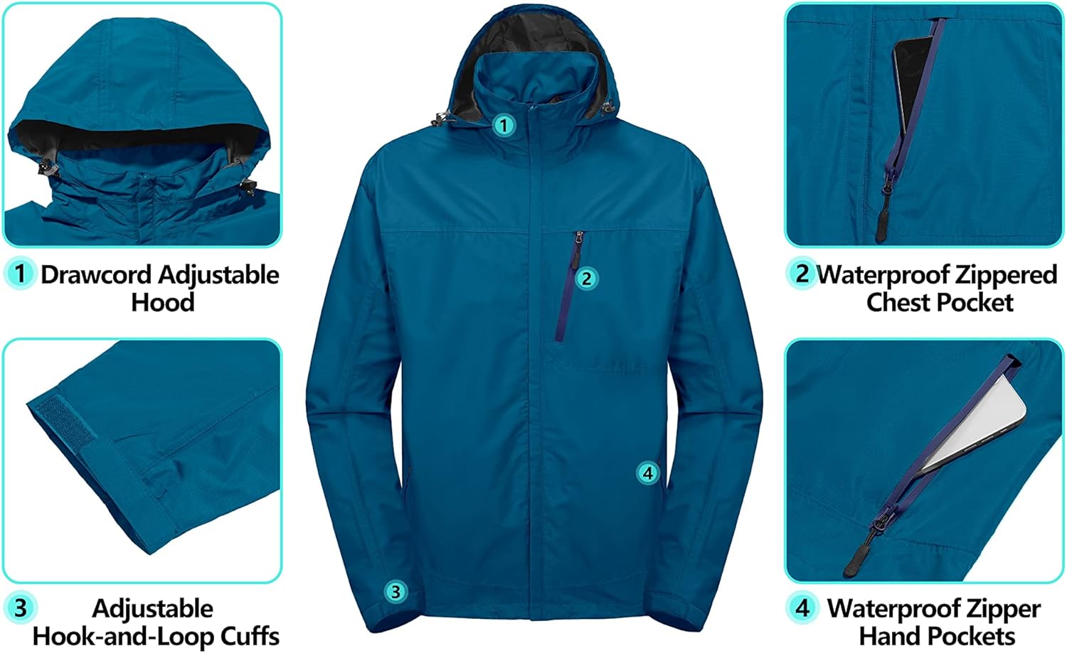 Little Donkey Andy Men's Waterproof Rain Jacket Outdoor Lightweight Hooded Raincoat for Hiking Golf Travel Fishing