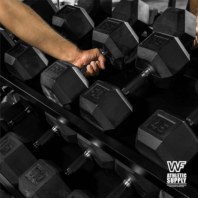 WF Athletic Supply Rubber Encased Hex Dumbbells with Rubber Grip Contoured Handle for Muscle Toning, Strength Building & Full Body Workout-FlexoryFit