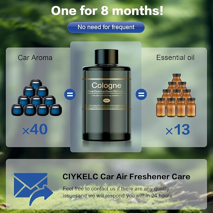 Car Air Freshener Refill for Men & Women 6.09 FL OZ /180ML-9 Month Cologne Scent Essential Oil Perfume, Essential Oil Made of Natural Plant Extracts, Compatible with Car Diffusers for Home/Office