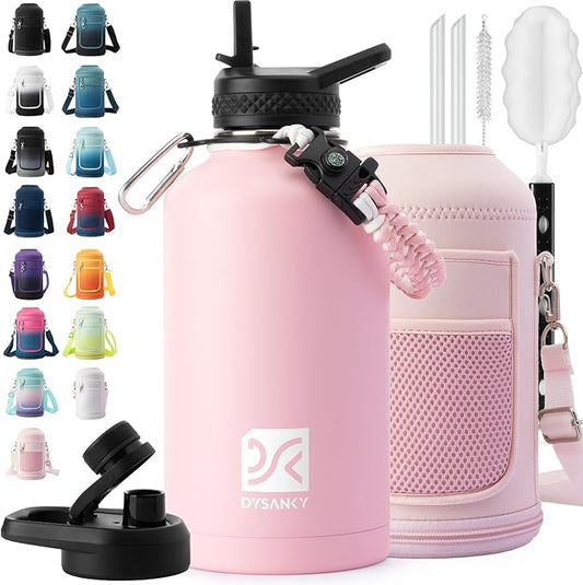 Insulated Water Bottle | Thickened Stainless Steel Vacuum Metal | Portable Sports Half Gallon Large Water Jug for Gym and Hiking with Straw, Carrier Bag, Handle Strap | BPA-Free 64 oz-FlexoryFit