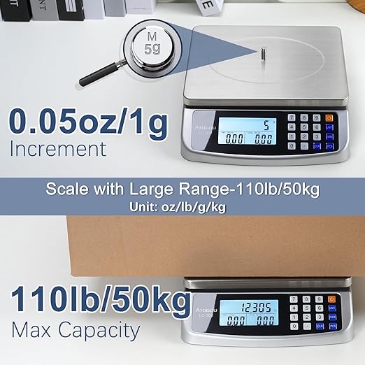 110lb Food Scale, Commercial Kitchen Scale with Price Computing, Plug-in Usable, 0.05oz/1g, 304 Stainless Steel, for Cooking, Vegetables, Farm, Industry, Counting. LC300-FlexoryFit