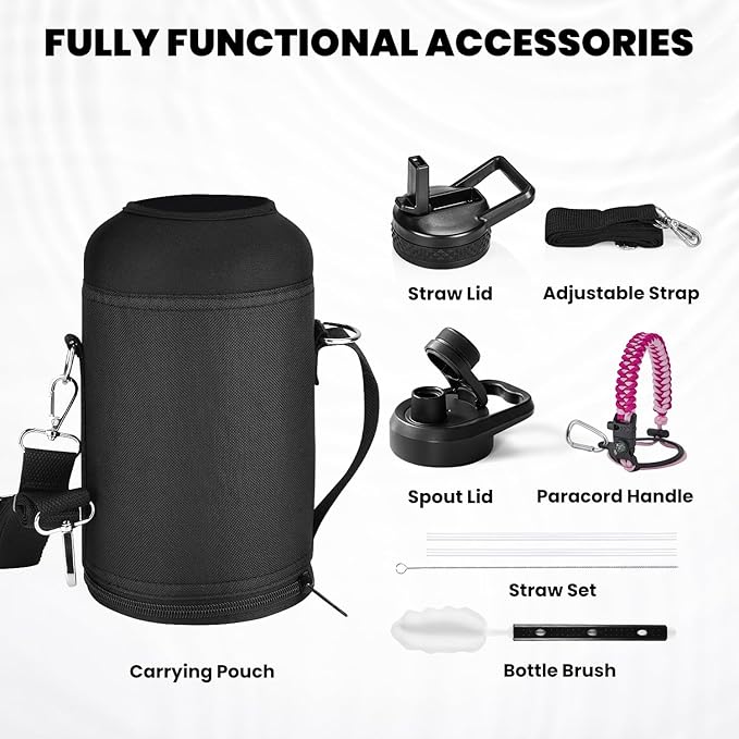 Insulated Water Bottle 64 oz, Triple Wall Vacuum Stainless Steel (Cold for 48 Hrs), Leak Proof & Non-BPA, Half Gallon Water Flask Jug with Paracord Handle & Straw Spout Lids, Ombre Pink-FlexoryFit