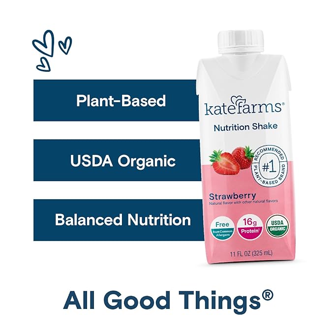 KATE FARMS Organic Nutrition Shake, Strawberry, 16g of Protein, 27 Vitamins and Minerals, Meal Replacement, Protein Shake, 11 Fl oz (6 Pack)-FlexoryFit