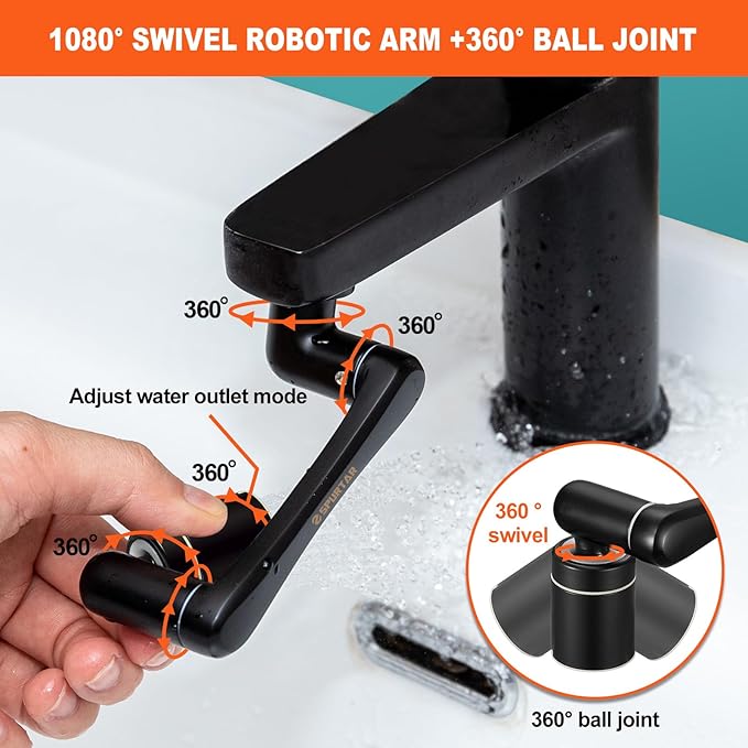 Spurtar 1440° Swivel Bathroom Faucet Extender | Fits G1/2" 55/64" 15/16" Threads | NOT fit for Delta, Moen, Kohler | 2-Spray Mode Faucet Aerator | Black (HHW0001BK)