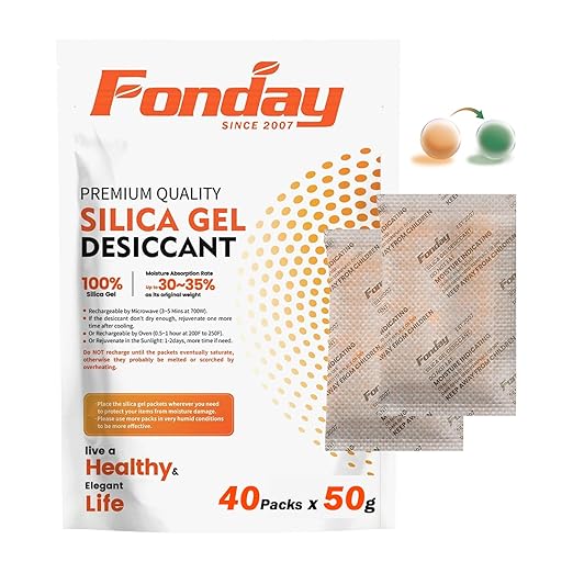 40Packs x 50Gram Fonday Rechargeable Silica Gel Desiccant Packets Food Grade Fast Reactivate Desiccant Bags Moisture Indicating Orange to Green