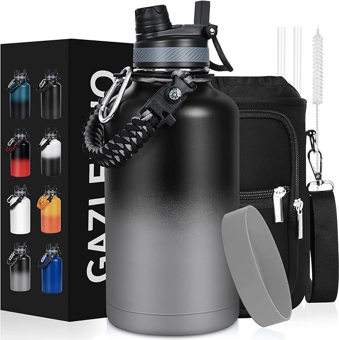 Insulated Water Bottle 64 oz, Half Gallon Water Jug Cold 48H, BPA Free Stainless Steel Bottles with Straw/Chug 2-in-1 Lid, Bag, Paracord Handle, Silicone Boot, Sports Gym School Metal Flask-FlexoryFit