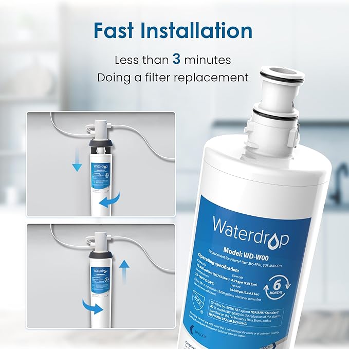 Waterdrop 3US-MAX-F01 Replacement Filter, 3US-PF01 Water Filter, Replacement for Filtrete® 3US-PF01, Maximum 3US-MAX-F01, 3US-PS01, 3US-MAX-S01, Manitowoc K-00338, NSF/ANSI 42 Certified, Pack of 3