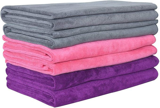 JML Microfiber Towels, Beach Towel Sets (6 Pack, 27" x 55") - Extra Absorbent, Fast Drying, Multipurpose for Bath, Swimming, Fitness, Sports, Yoga, Grey/Pink/Purple-FlexoryFit