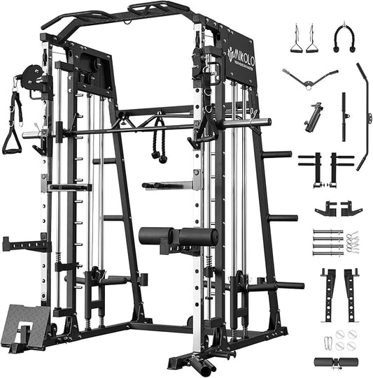 Mikolo Smith Machine, 2200lbs Squat Rack with LAT-Pull Down System & Cable Crossover Machine, Training Equipment with Leg Hold-Down Attachment-FlexoryFit