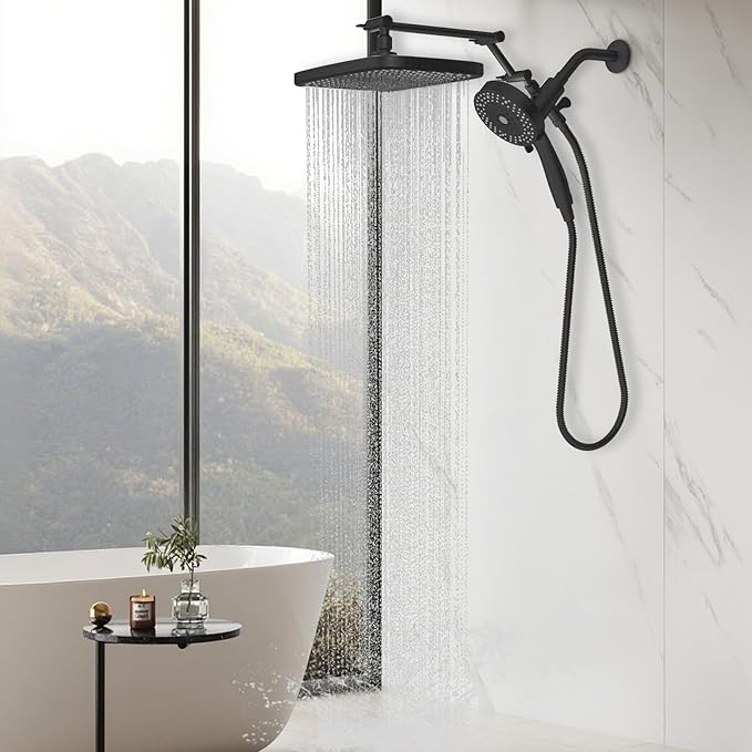High Pressure Rain Shower Head with Handheld Spray Combo,10 Sprays Handheld Shower Head, Detachable Shower head Built-in Magnetic Docking and Power Jets (Black)