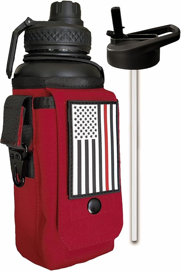 Iron Infidel Battle Bottle - 32 Oz Insulated Water Bottle with Straw Lid & Chug Cap, Stainless Steel Metal Flask Includes Rugged, Removable Sleeve for Keys, Wallet, & Phone (Thin Red Line 1 Liter)-FlexoryFit