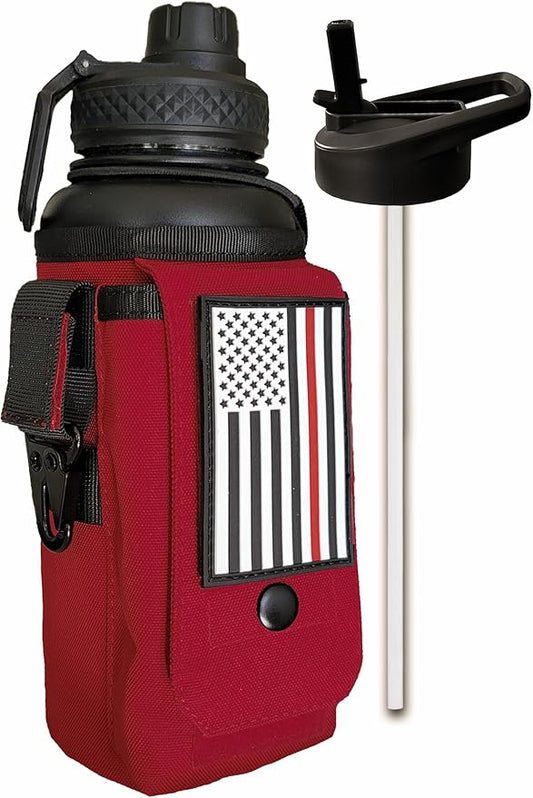 Iron Infidel Battle Bottle - 32 Oz Insulated Water Bottle with Straw Lid & Chug Cap, Stainless Steel Metal Flask Includes Rugged, Removable Sleeve for Keys, Wallet, & Phone (Thin Red Line 1 Liter)-FlexoryFit