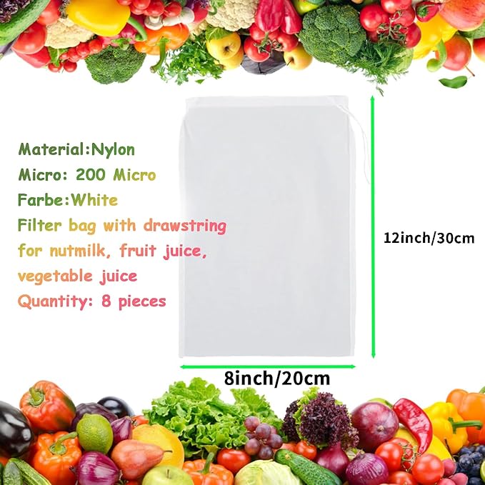 8pcs Nylon Nut Milk Bag 8×12 Inches Fine 200 Micron Cheese Cloth Filter Bag Multiple Usage Reusable Food Strainer Professional Cold Brew Filter for Kitchen Straining Juice Coffee Yogurt Tea
