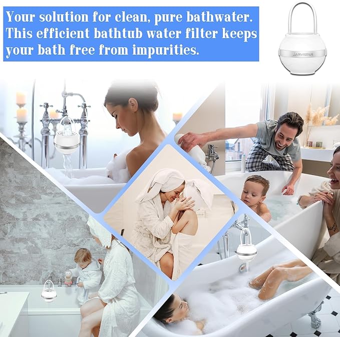 Bath Filter for Tub Faucet - 2500 Gallons of Filtration Reduces Contaminats - Reusable Hanging Bathtub Water Filter - No Installation Needed for Home Use, BPA-Free, White