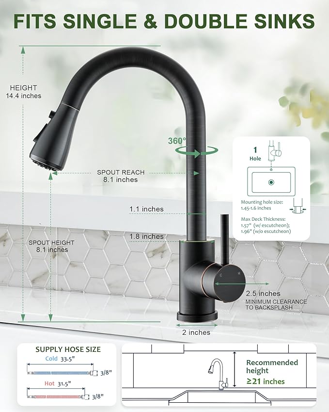 Oil Rubbed Bronze Faucet with Pull Down Sprayer - Bronze Kitchen Sink Faucet, Single Handle, Single or 3 Hole, Sprayer