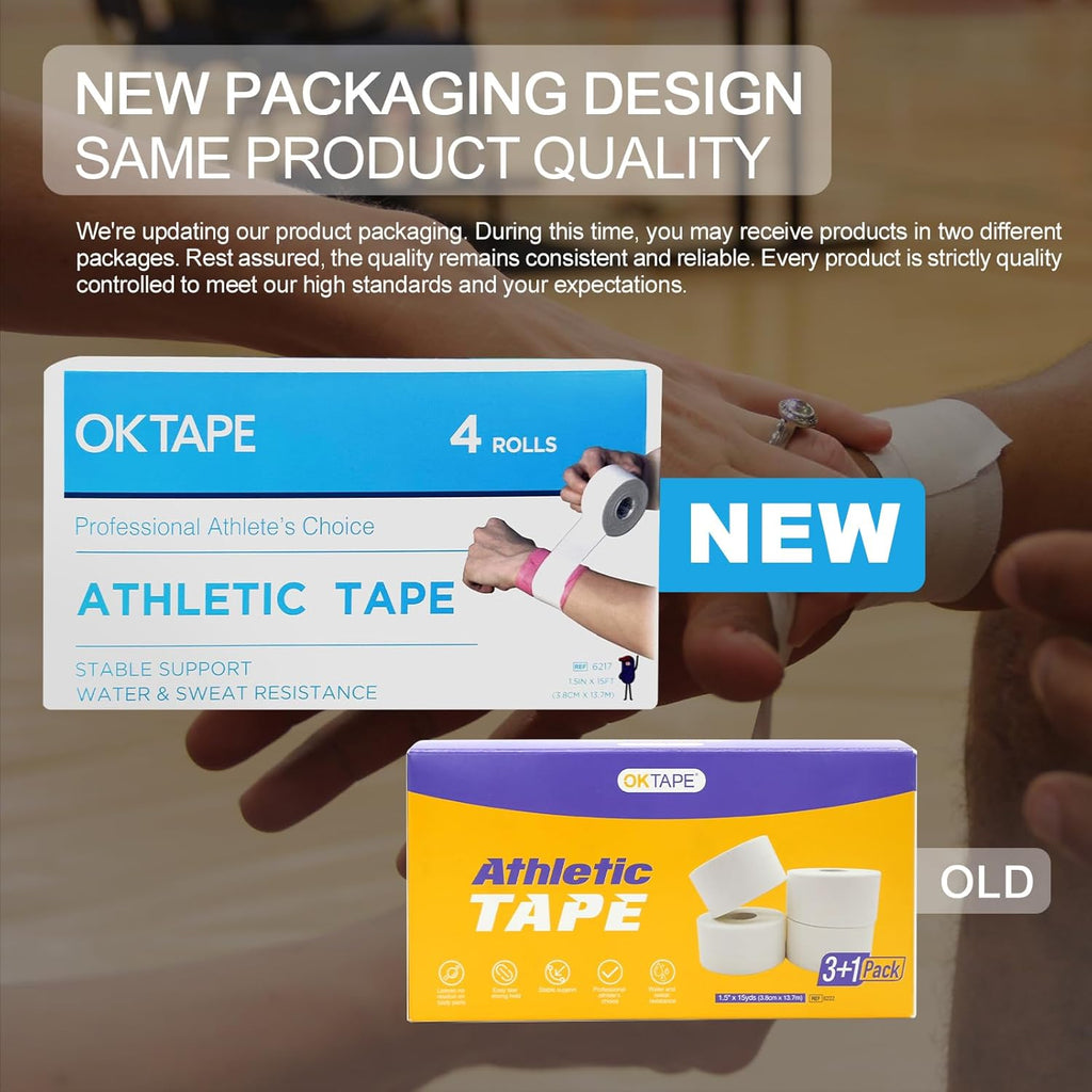 OK TAPE Athletic Sports Tape（4 Packs) - 45ft Per Roll Very Strong Tape for Athlete & Sport Trainers & First Aid Injury Wrap, Perfect for Fingers Ankles Wrist on Bat, Hockey Stick - Red