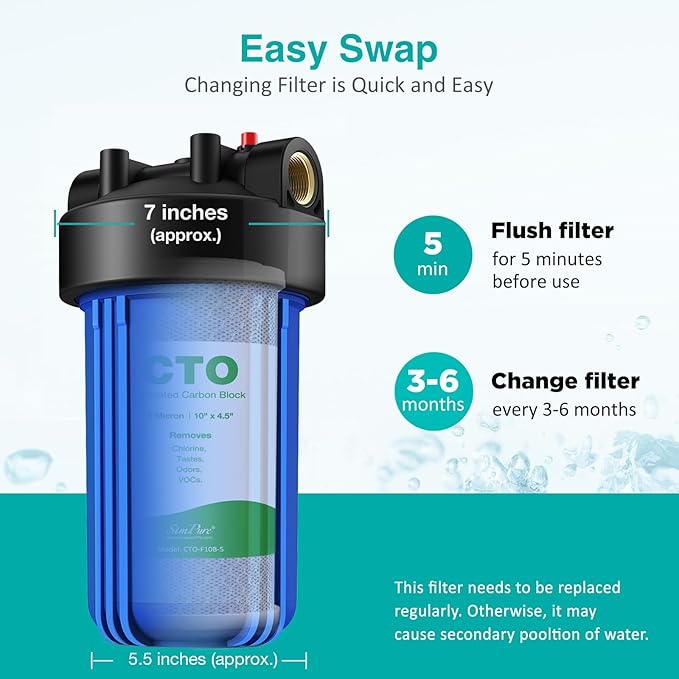 SimPure 2-Stage 10" x 4.5" Whole House Water Filter Replacement Cartridges, 5 Micron Sediment and Carbon Water Filters Combo, for GE FXHTC, GXWH40L, WGB21B, FP15B, FC15B, 2-Pack