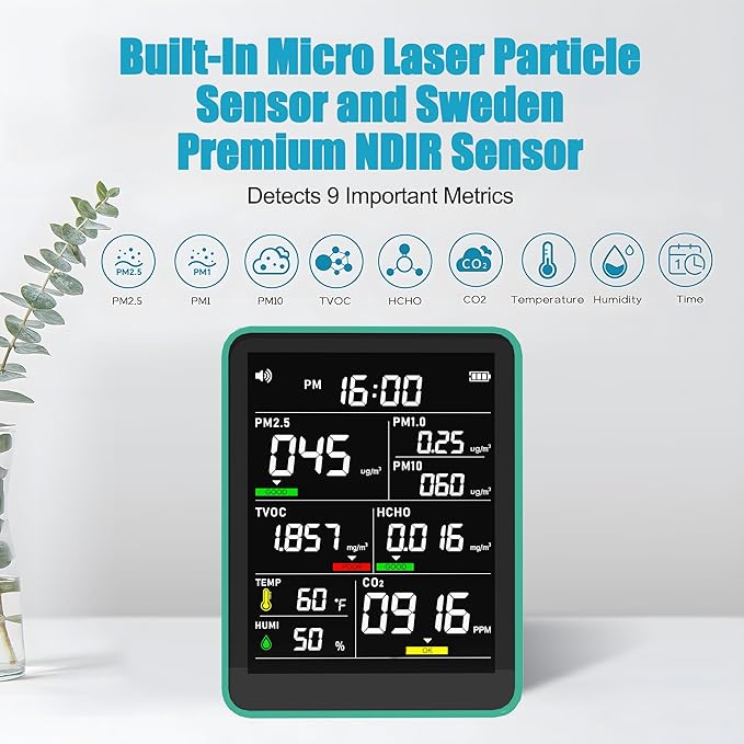 XOOPON 13-in-1 Indoor Air Quality Monitor with PM1.0/2.5/10, CO2, HCHO, TVOC, Temp, Humidity & Time, 4 Alarm Modes, Portable Air Quality Tester for Home, Office, Car, Wall-Mount or Desktop Use