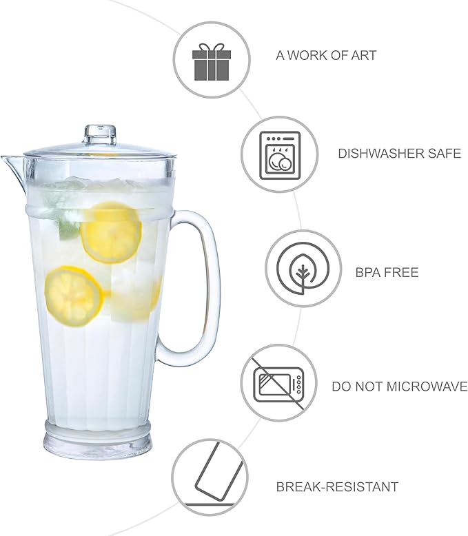 bzyoo 64oz (2 Quarts) Liberty Clear Water Pitcher with Lid – Break Resistance, BPA Free Great for Ice Tea, Sangria, Lemonade, Party and Home