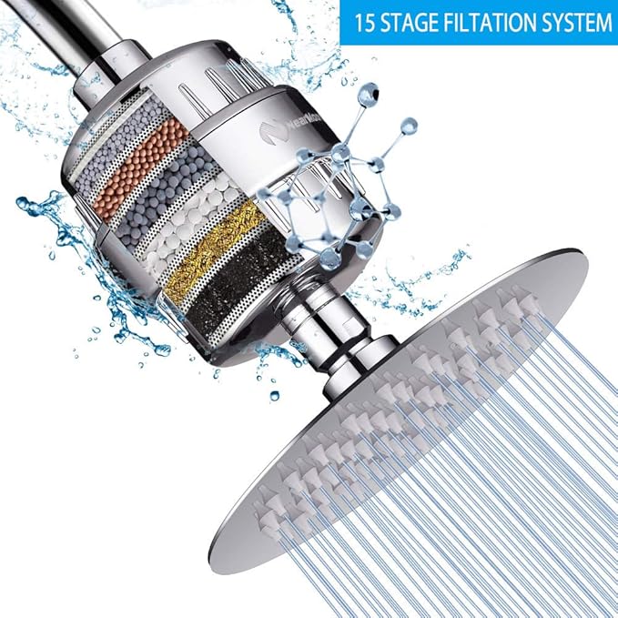 NearMoon High Output 15 Stage Shower Filter - Filtered Shower head softener for Hard Water，Reduces Dry Itchy Skin, Dandruff and Improves the Condition of Your Skin, Hair (Chrome Finish)